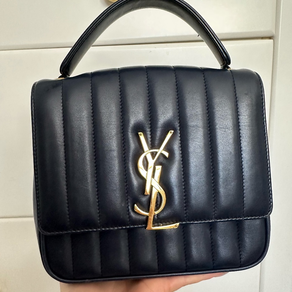 YSL Lambskin Matelasse Monogram Medium Vicky Chain Bag Blue